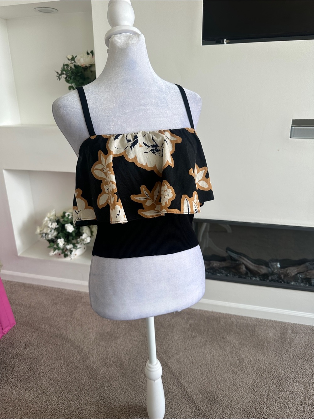Anthropologie Black Floral Ruffle Crop Camisole